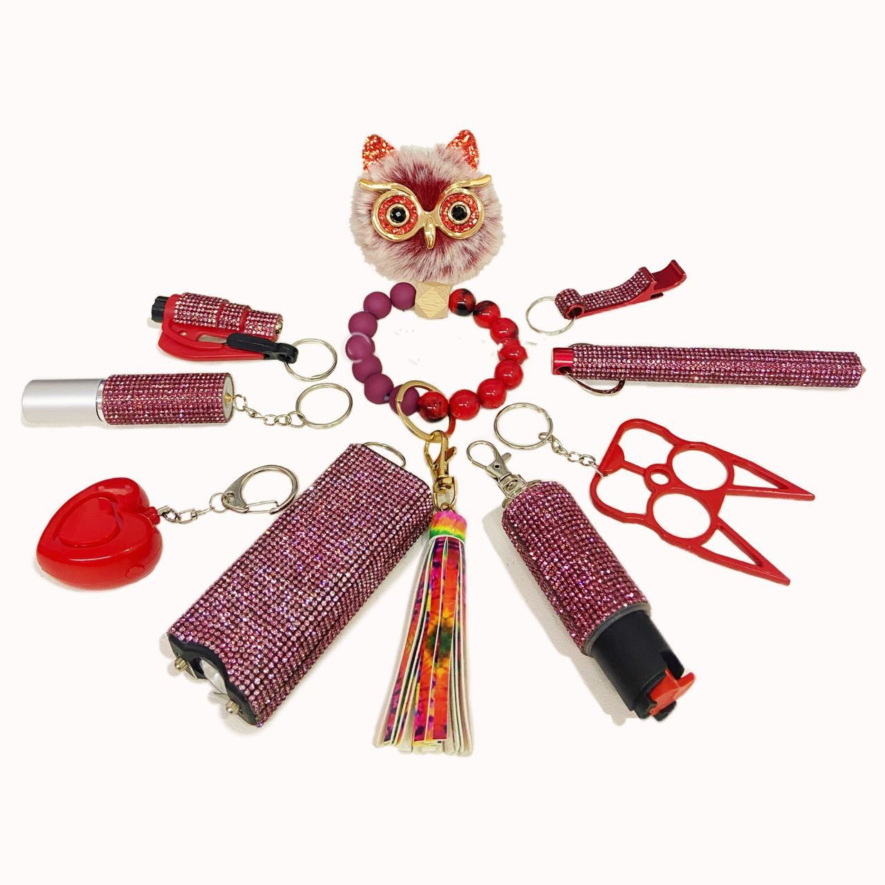 10 PCS Self Defense Keychain Set- Burgundy Set - Premium self defense keychain set for women's personal safety. Features 10-piece comprehensive set and Multiple defense tools.