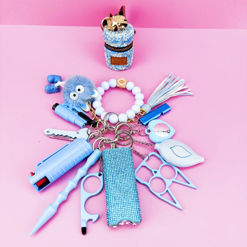 13 Piece Bead Bracelet Self-defense Key Kit-light Blue - Premium self defense keychain set for women's personal safety. Features 13-piece comprehensive set and Keychain attachment.