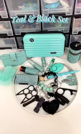 18 PCS Teal And Black New Design Keychain Set - Premium self defense keychain set for women's personal safety. Features 18-piece comprehensive set and Tactical grade materials.