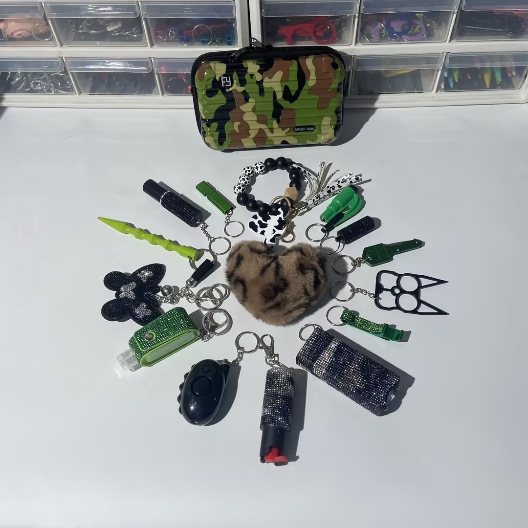 Forest Camouflage Shiny Lightning Keychain - Premium self defense keychain set for women's personal safety. Features Keychain attachment and Durable construction.
