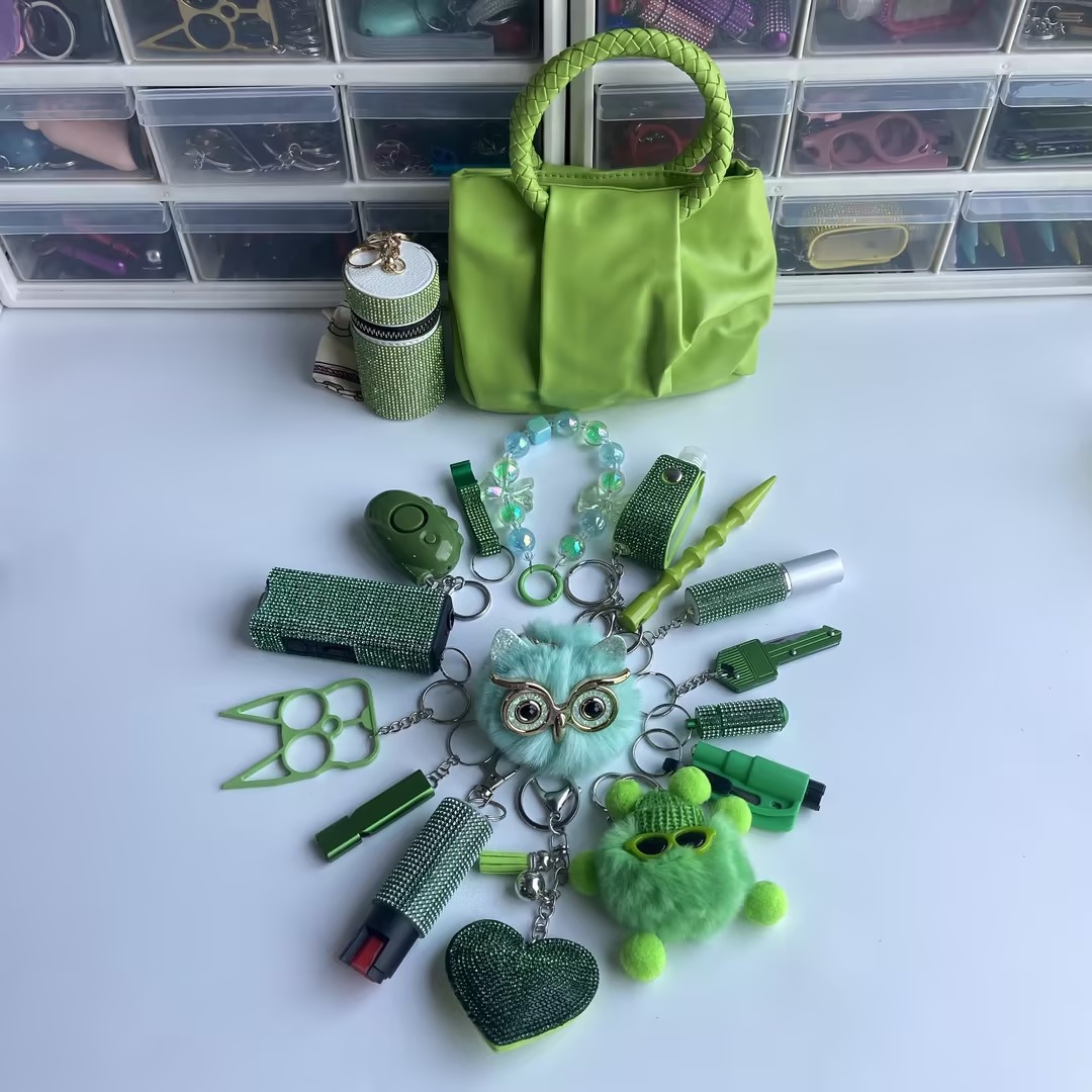 Green Lightning Keychain  Shiny 18pcs Keychain Set - Premium self defense keychain set for women's personal safety. Features 18-piece comprehensive set and Multiple defense tools.