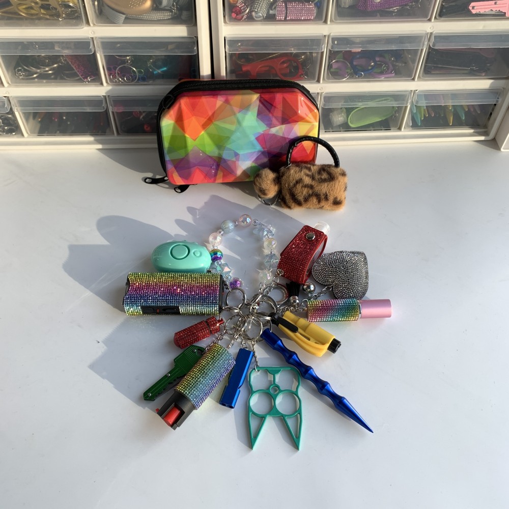 Rainbow Shiny Lightning Keychain 15pcs Keychain Set - Premium self defense keychain set for women's personal safety. Features 15-piece comprehensive set and Multiple defense tools.