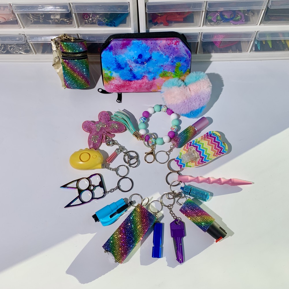 Shiny Rainbow Lightning Keychain 16pcs Keychain Set - Premium self defense keychain set for women's personal safety. Features 16-piece comprehensive set and Multiple defense tools.