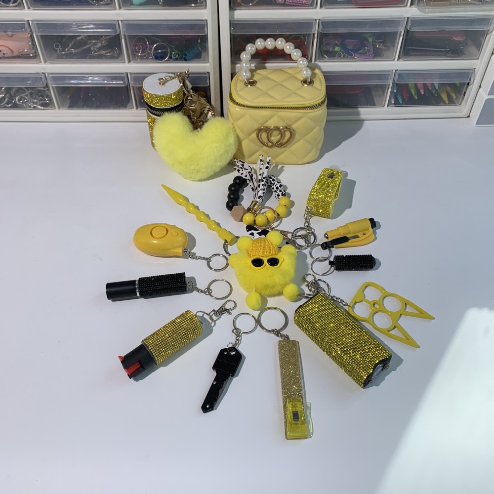 Yellow Shiny Lightning Keychain 16pcs Keychain Set - Premium self defense keychain set for women's personal safety. Features 16-piece comprehensive set and Multiple defense tools.